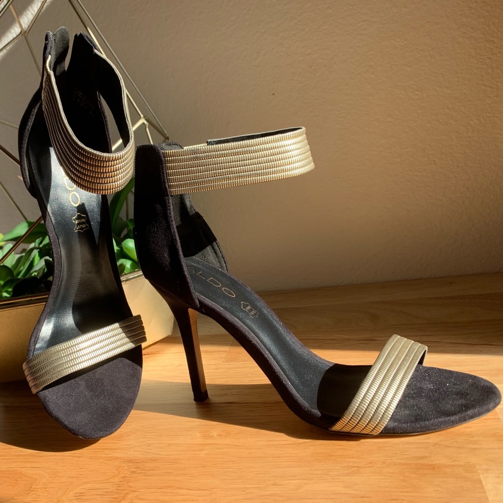 Black with gold strap heels